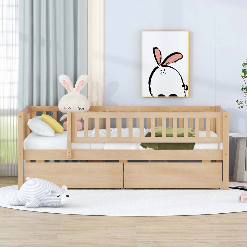 Kallel Daybed with Two Drawers and Guardrails, Twin, Natural