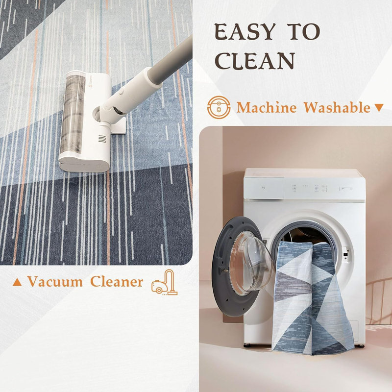 Blue and Gray Geometric 5' x 7' Washable Synthetic Area Rug