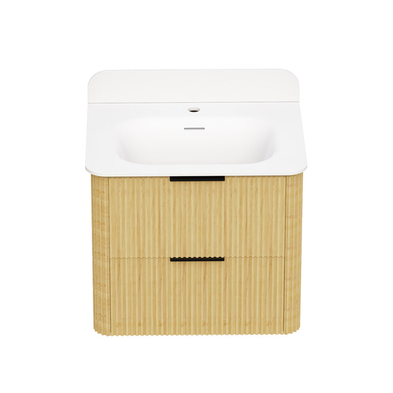 Meuble-lavabo cannelé en chêne doré 24 po avec lavabo intégré et quincaillerie noire