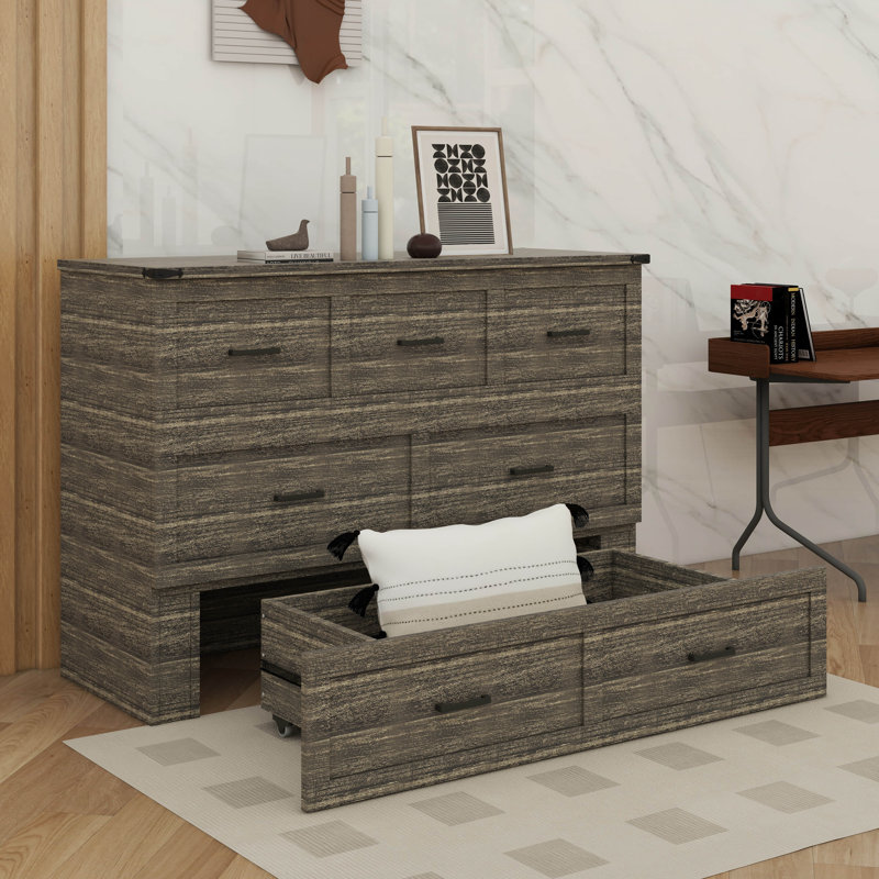 Full-Size Murphy Bed Cabinet With Integrated Charging Station, Multi-Functional Foldable Platform Bed Featuring  Storage Drawer