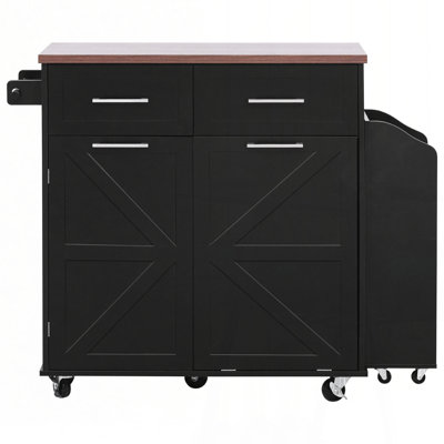 Îlot de cuisine de 47,2 po avec abattant K&K Farm, îlot de rangement avec supports latéraux amovibles, deux tiroirs, chariot de cuisine sur roulettes avec porte-serviettes, pour la maison, la cuisine, la salle à manger, noir