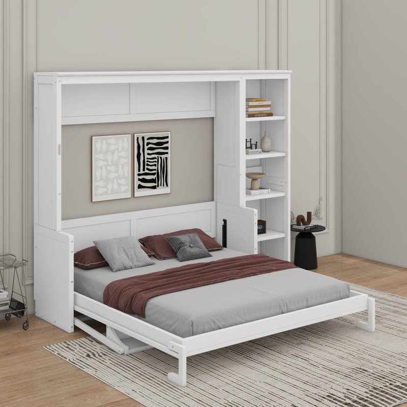 Grand lit escamotable avec bureau et bibliothèque, Blanc, Grand