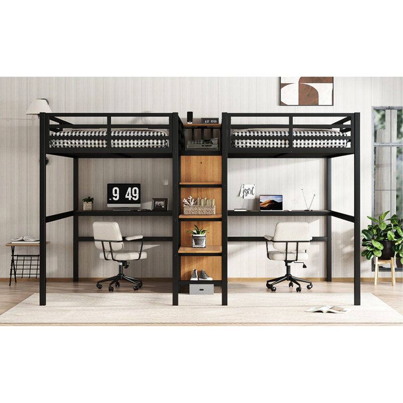 Lit mezzanine simple en métal avec bureau double, garde-robe et tablettes, prise électrique pour économiser de l'espace, rangement, prises de courant, réduction du bruit, apparence