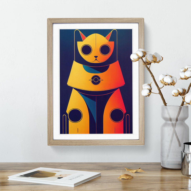 Robo Cat - Single Picture Frame Print, 46cm H x 34cm W x 2cm D, Oak Framed