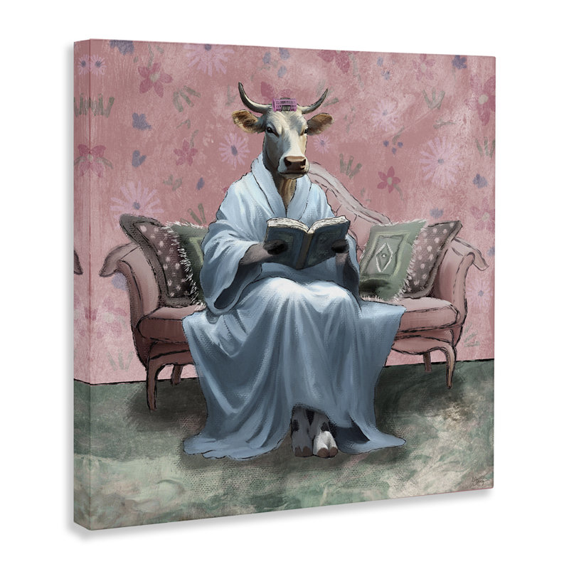 Vache lisant un livre sur toile par Elizabeth Medley, H 30 po x l 30 po