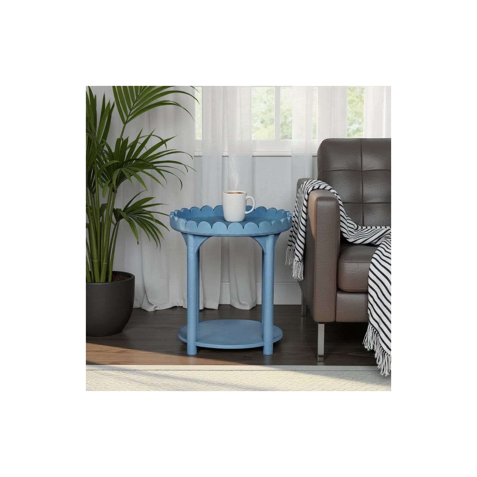 Madeline Scalloped Round Side Table, Light Blue