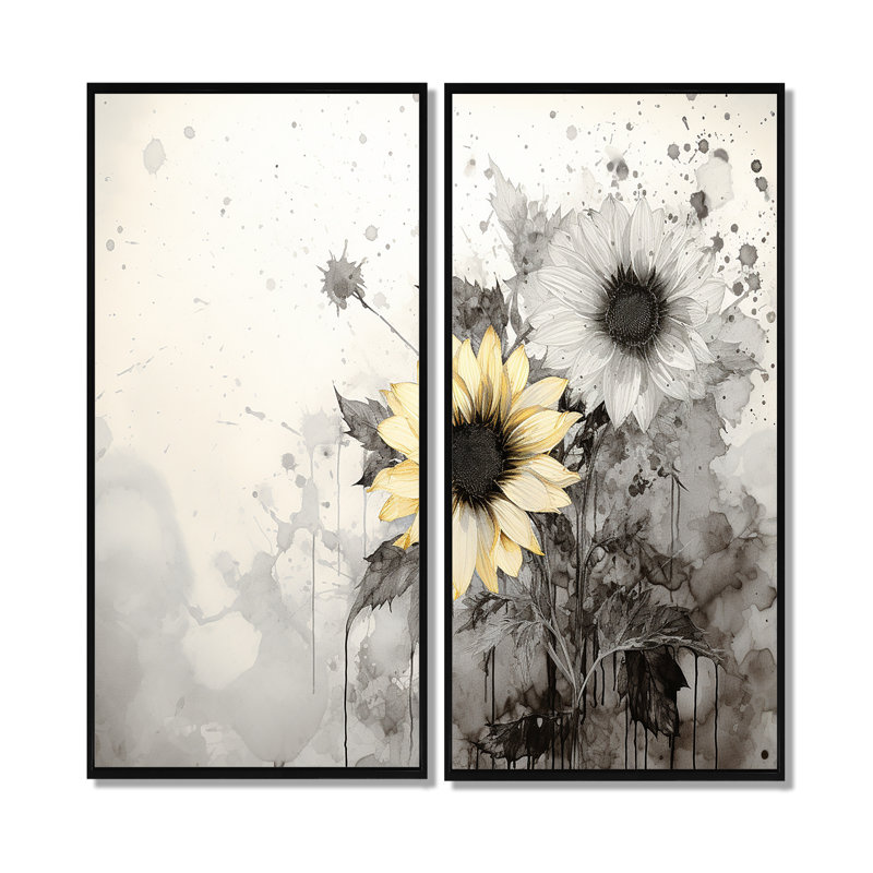 «Black and White Sunflowers Florescence I», art mural tournesols floraux, 20" H x 24" W, Impression encadrée flottante, Black