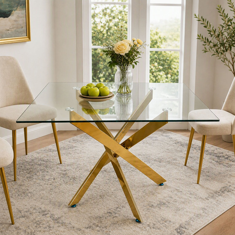 with Glass Base Dining Table, Transparent / Doré