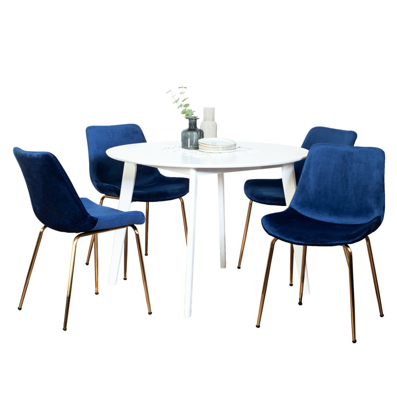 5 ensembles de salle à manger - table ronde blanche avec 4 sièges confortables et une chaise en velours d'hévéa fabriquée en bois d'hévéa recouvrant un espace peu encombrant