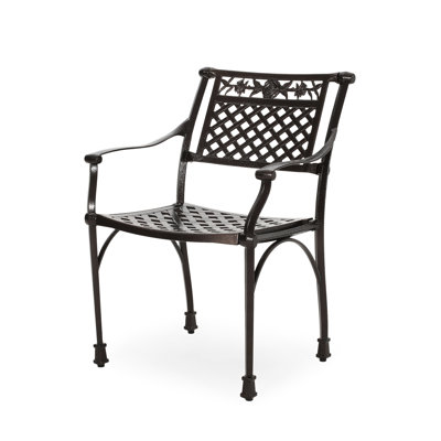Chaise de patio en fonte d'aluminium, hauteur 80 cm, largeur 62 cm, profondeur 54 cm, couleur bronze, motif floral.