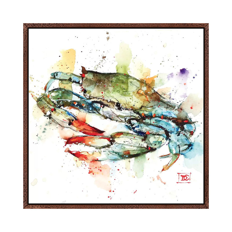 Blue Crab by Dean Crouser - Painting on Canvas, 45.72 cm H x 45.72 cm W, Classic Brown Wood Framed