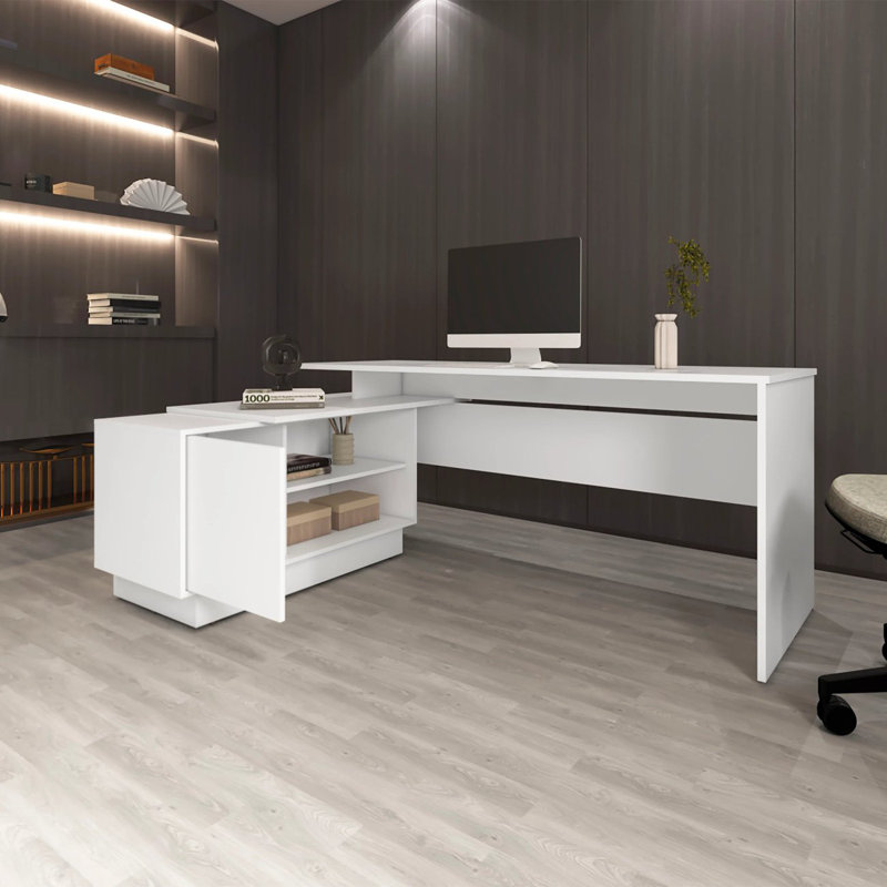 Bureau blanc en L avec 1 porte et 5 tablettes