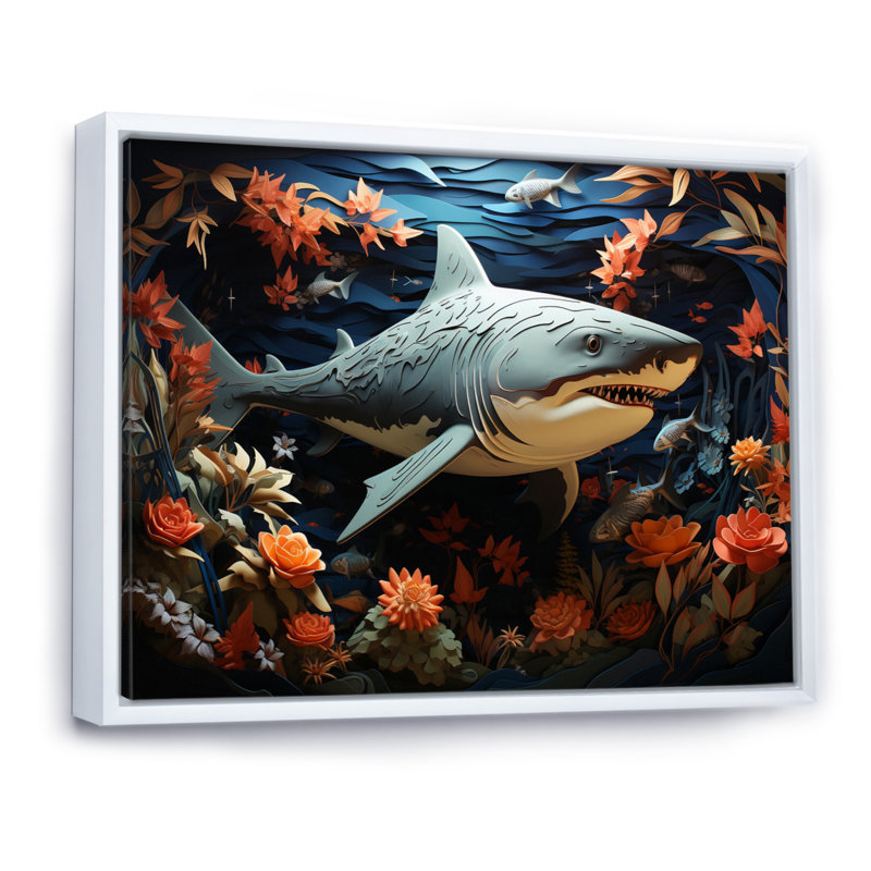" Blue Shark Silent Hunter Papercut ", 24" H x 32" W x 1" D, White Floater Framed