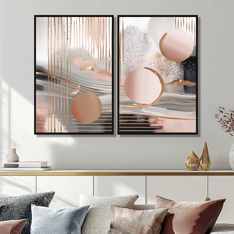 «Pink Rosegold Circle Chaos IV», reproduction d'art abstrait sur toile, 36" H x 48" W, Framed Print without Mat, Black