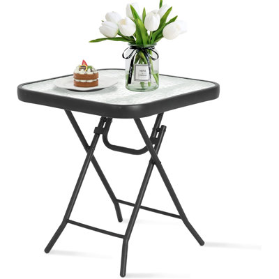 Outdoor Side Tables Square Folding Patio End Table with Tempered Glass Tabletop, Portable Bistro Coffee for Porch Yard, Balcony, Garden, Deck Poolside, Transparent Glass