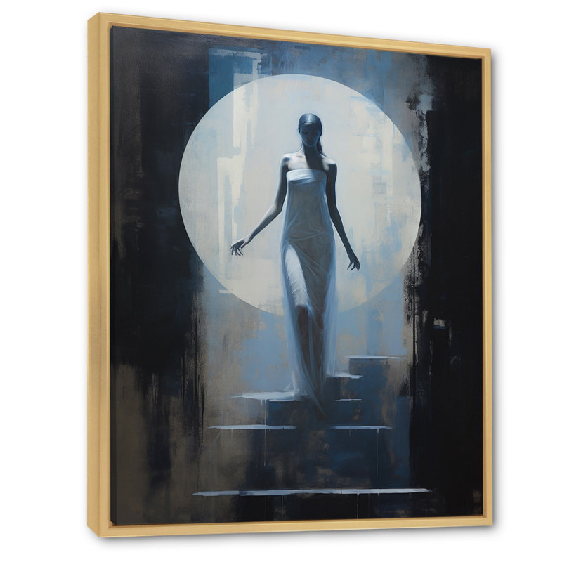 Pleine lune, descente d'escalier rétro sur toile, H 32 po x l 16 po x P 1 po, Cadre naturel flottant