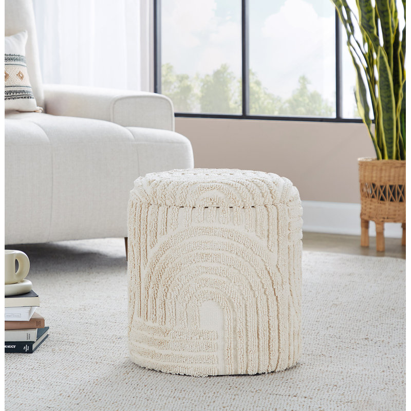 18" Storage Ottoman In Beige Cotton With High Pile Textured Design
