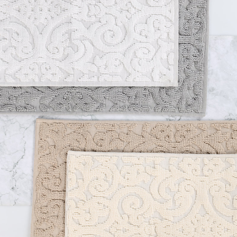 Venere Elegant Floral Scroll Textured Machine Washable 2 Piece Bathroom Rug Set, White, LARGE- 2 Piece Set