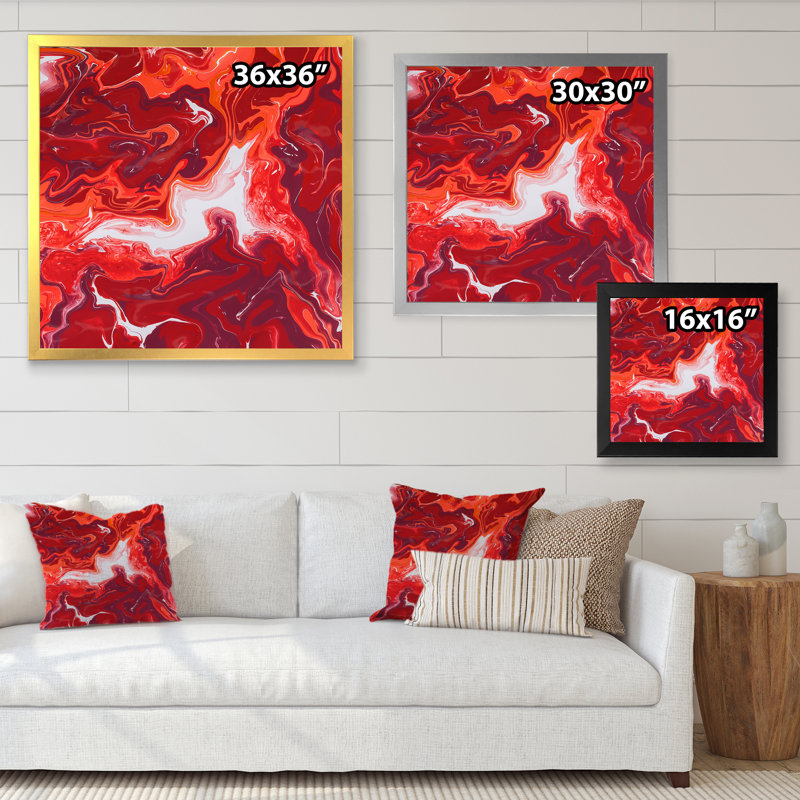 Red and White Marble Ripples - reproduction d'art moderne sur toile, H 30 po x l 30 po x P 1 po, Cadre photo noir