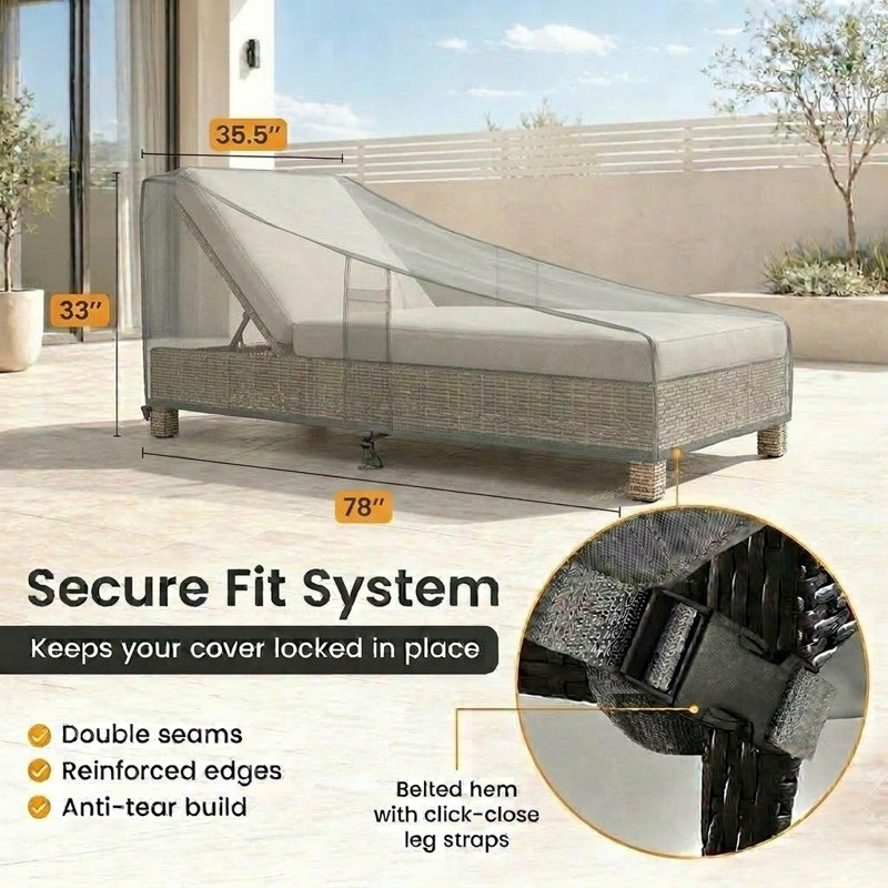 Premium Chaise Lounge Chair Cover - Breathable, Heavy-Duty Cover with Water-Resistant PVC liner, Adjustable Elastic Hem, Click-Close Straps, and Air Vents - Hyslop Collection
