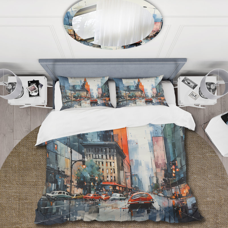 Ensemble de housse de couette abstrait bleu et gris Mid Century Mid-Century Metropolis I - microfibre de polyester