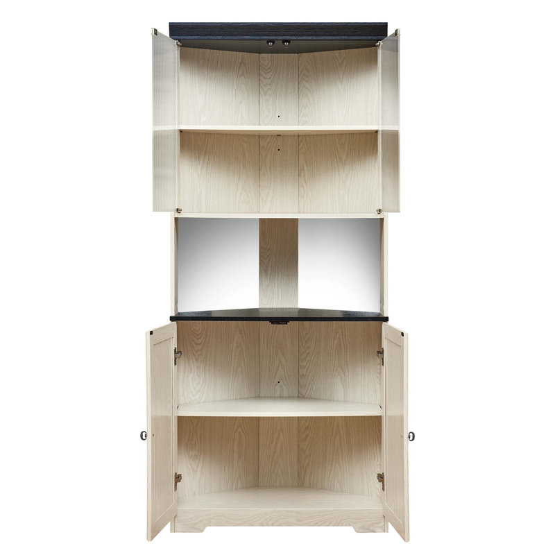 Armoire de rangement d'angle moderne avec portes en verre trempé et tablettes réglables, Blanc