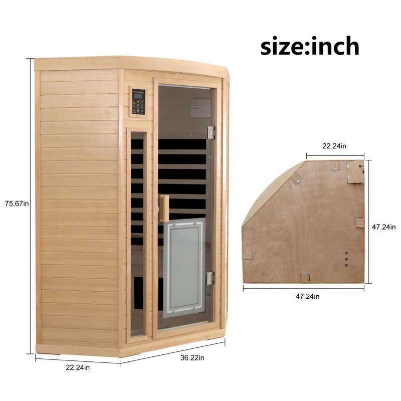Sauna de coin intérieur KISRAIS, sauna infrarouge FAR à 2 places avec 2 lumières DEL de lecture, 3 lumières de chromothérapie, 1 lumière extérieure et haut-parleurs Bluetooth | Sauna personnel à chaleur sèche d'intérieur pour la maison et la salle de sport - fabriqué à partir de pruche du Canada