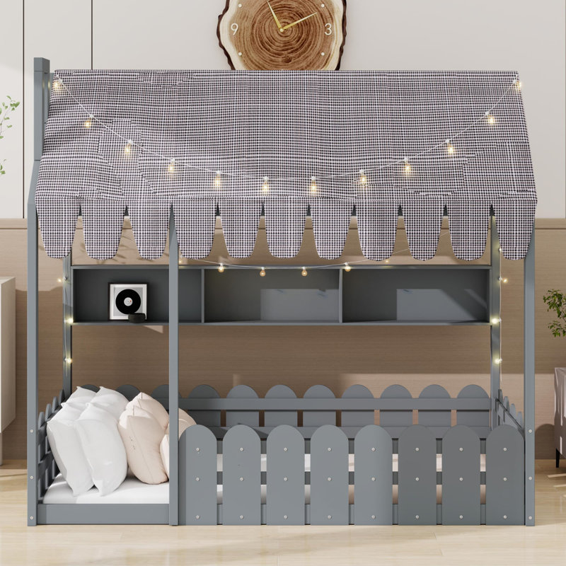 Complete Montessori Floor Bed System with Protective Fencing, Tent Attachment, Illumination, and Storage Compartments, Gris