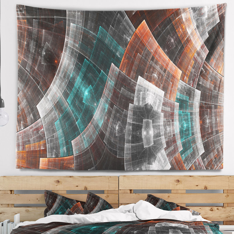 Tapisserie abstraite brune et bleue, H 50 po x l 60 po
