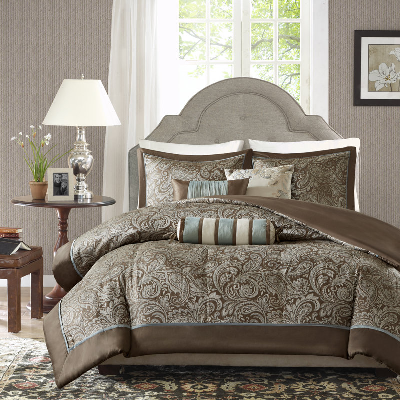 Aubrey Paisley Jacquard Duvet Cover Set, King/Cal. King Duvet Cover + 2 Shams + 3 Decorativ, Brown / Blue