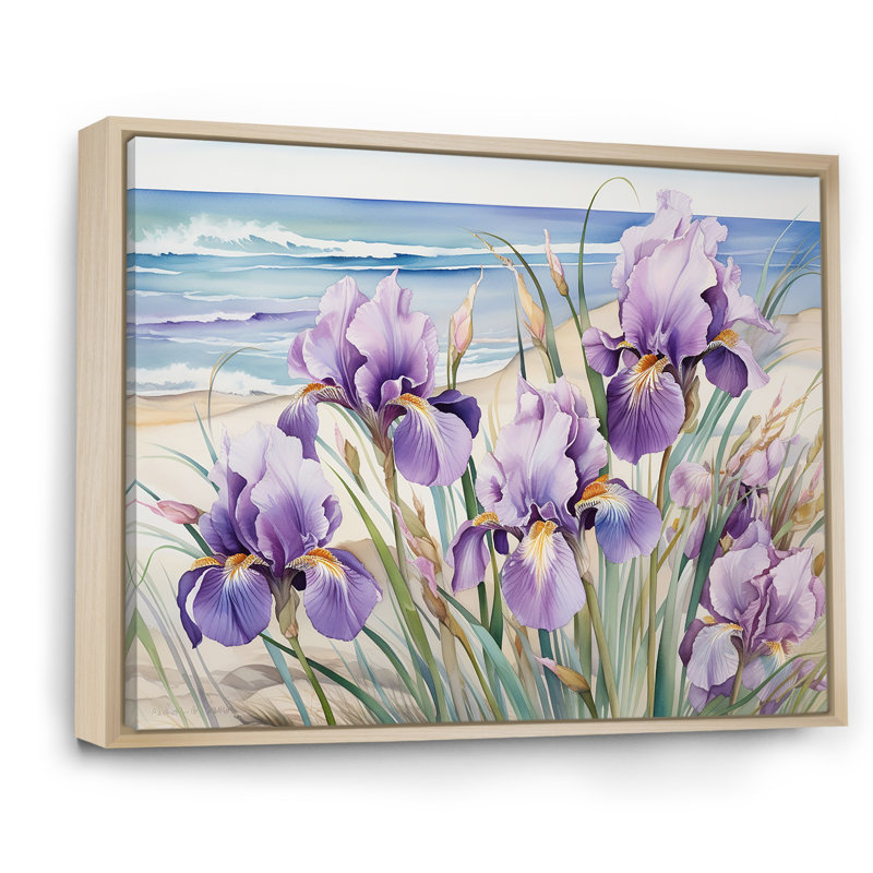 Iris mauves sur la plage sur toile, Cadre naturel flottant, H 16 po x l 32 po x P 1 po