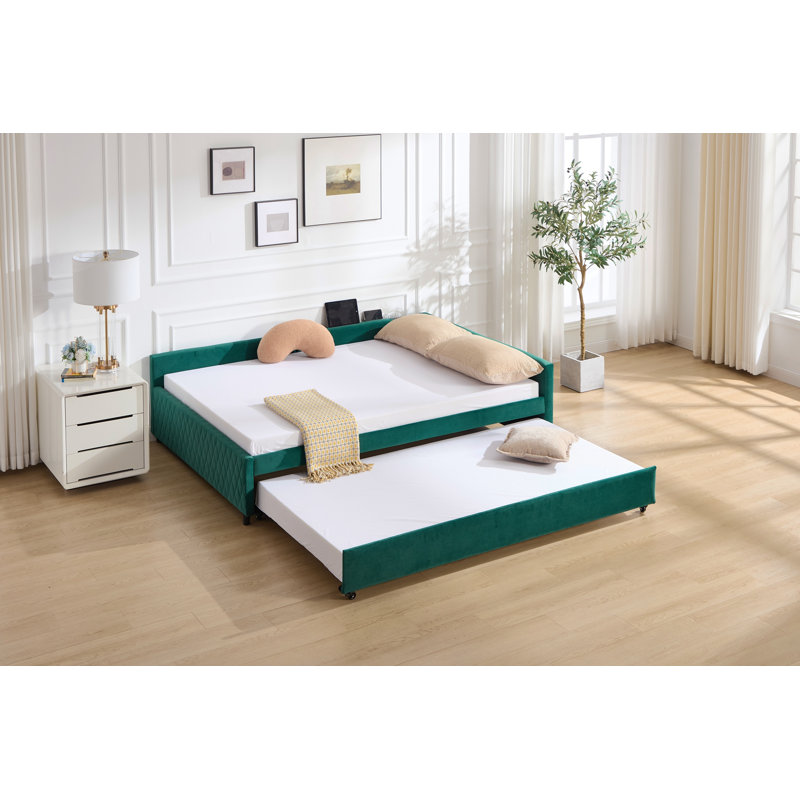 Lit de jour rembourré avec lit gigogne, structure de lit en bois robuste, conception de grille de diamant moderne, pour chambre à coucher, chambre d'amis (émeraude)