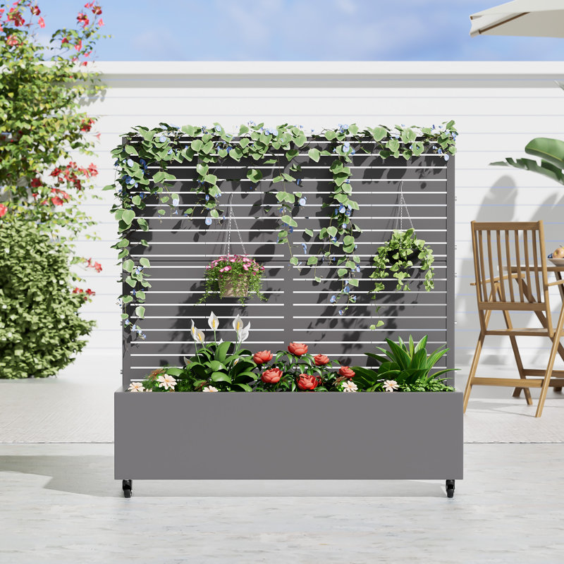 Metal Planter Box with Trellis with Wheels, 72" H x 47" W x 16" D, Black
