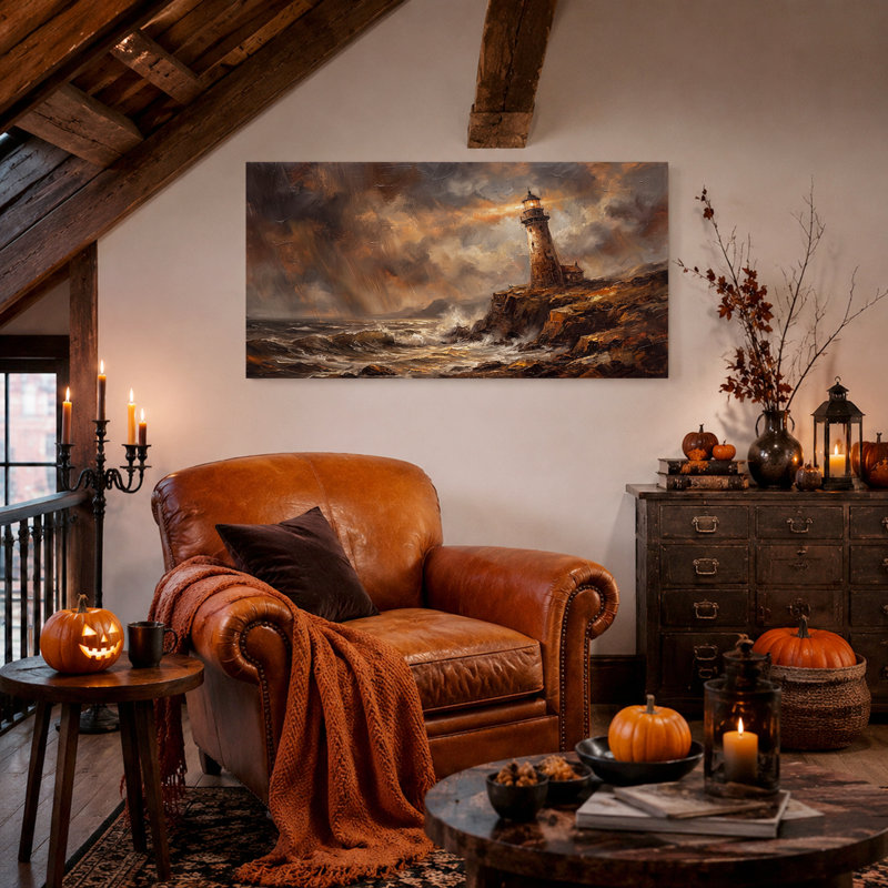 Phare sur falaise rocheuse en mer déchaînée - Toile murale d'Halloween, 32“W x 16”H