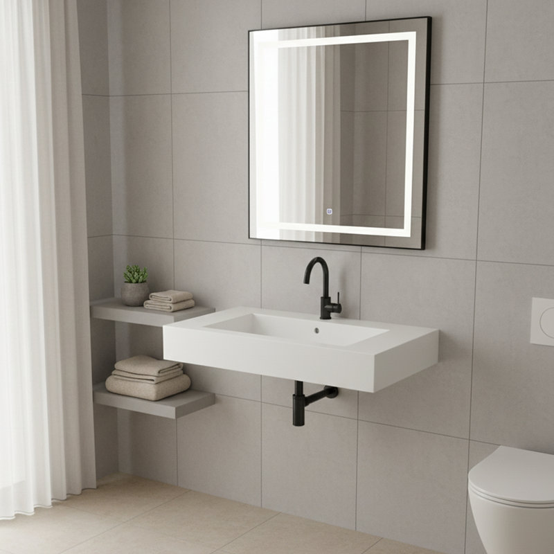 Lavabo de salle de bain mural rectangulaire à surface solide en pierre CASAINC
