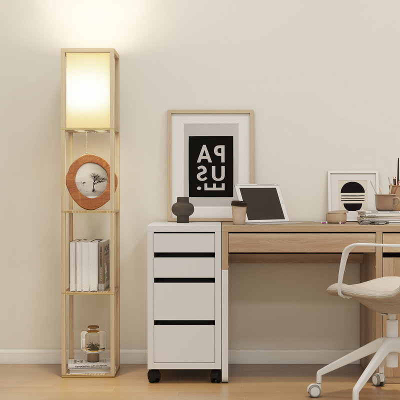 Floor Lamp with 3 Layers Wooden Shelves, Modern 160cm Standing Light Reading Lamp for Living Room, Cream