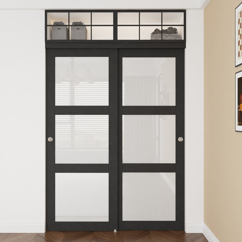 Porte de garde-robe coulissante en verre givré 3-Lite noir 60 x 80 incluant toute la quincaillerie de porte de garde-robe coulissante