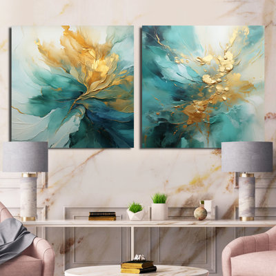Gold And Teal Aurora Harmony - Abstract Spirals Square Collage Set Of 2
