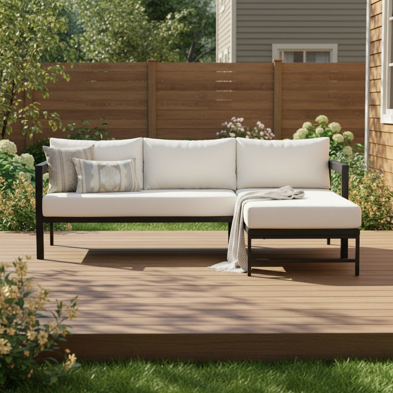 Modulaire en L pour patio, structure en métal, coussins épais, utilisation moderne à l'extérieur, Beige