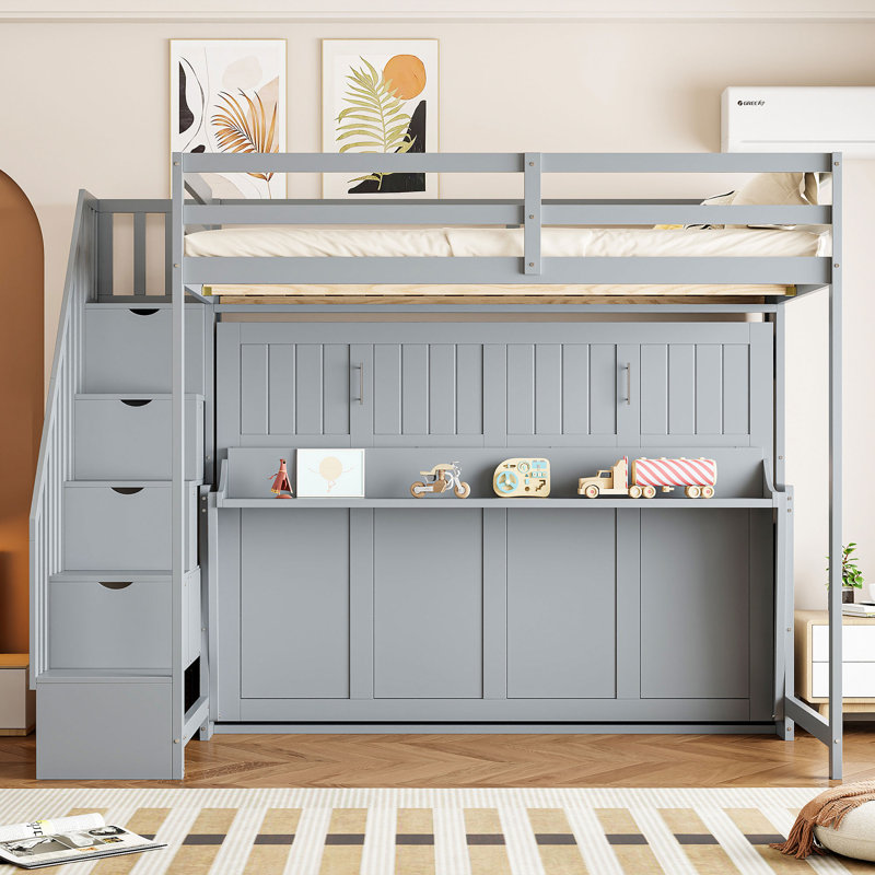 Full Size Over Full Murphy Bed with Hydraulic Lift and Desk, Space-Saving Wall Bed for Home Office, Grey