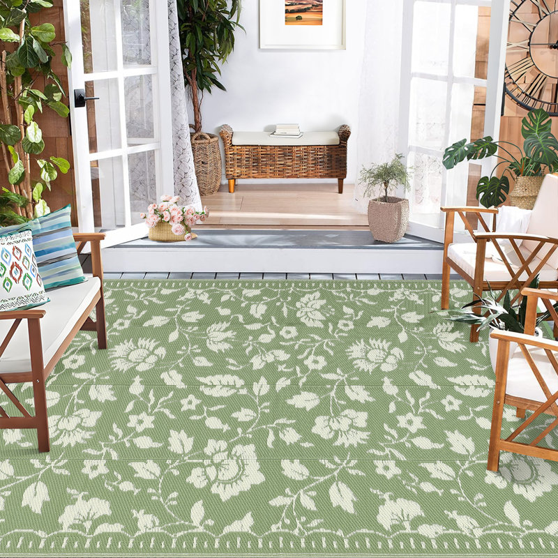 Waterproof Reversible Outdoor Patio Rug 6x9ft - Vintage Floral Plastic Straw Mat - Lightweight, UV Resistant, Portable Bag - for RV, Camping, Deck, Backyard, Beach