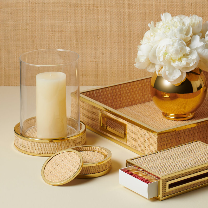 Brass and Cane Hurricane Candle Lantern with Glass