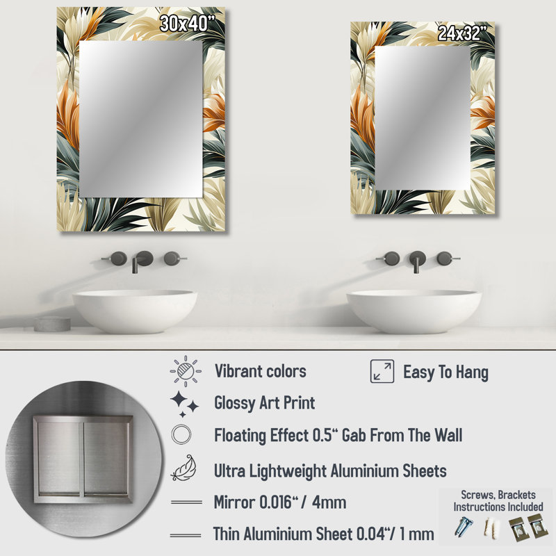 Carmellia éléments naturels motif tropical - miroir décoratif tropical, botanique, grand miroir mural floral, impression d'art en métal