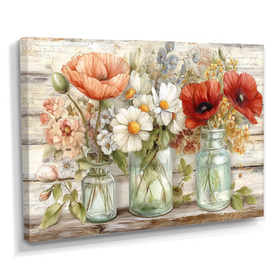 «Vintage Flower Arrangement Country House - Bouquets», impression sur toile à motif floral rouge