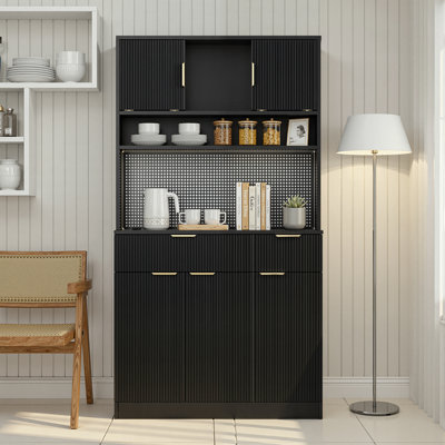 Kitchen Pantry Storage Cabinet With Charging Station, Pegboard & Drawers, Black High Storage Cabinet With Adjustable Shelves For Kitchen, Dining Room by Latitude Run