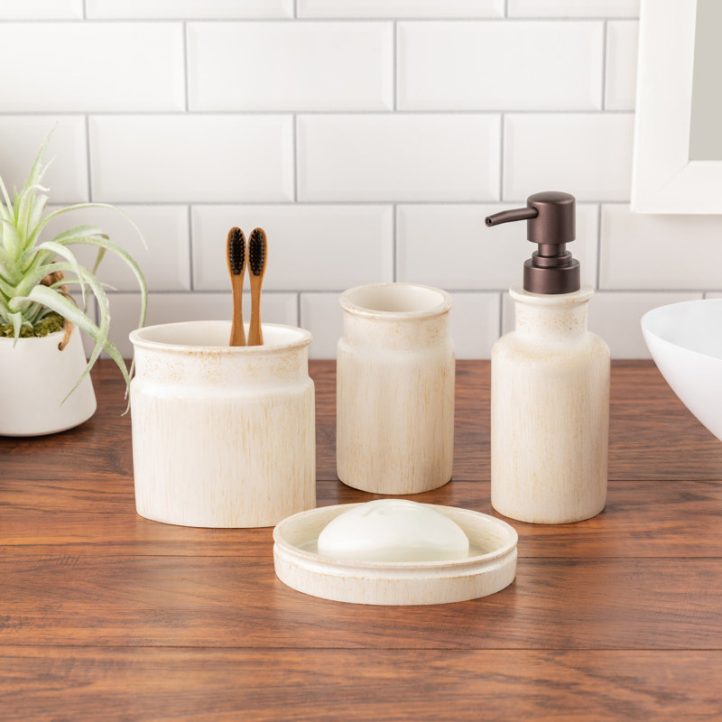 Beige Resin Rustic Luxe 4-Piece Bathroom Accessories Set