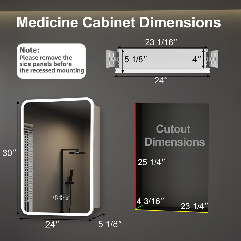 Armoire à pharmacie encastrée / à fixation en saillie à cadre arrondi avec cadre en aluminium argenté l 24 po x H 30 po Cynethia