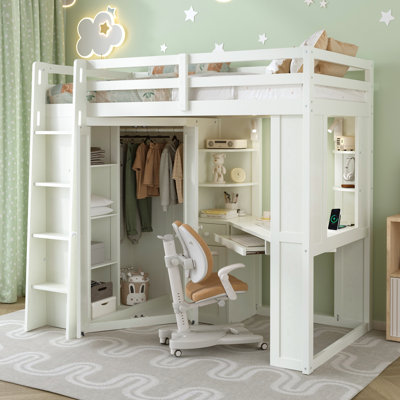 Twin Loft Bed with Desk, Large Wardrobe, Pull-Out Keyboard Tray, Charging Station & Spotlights, White