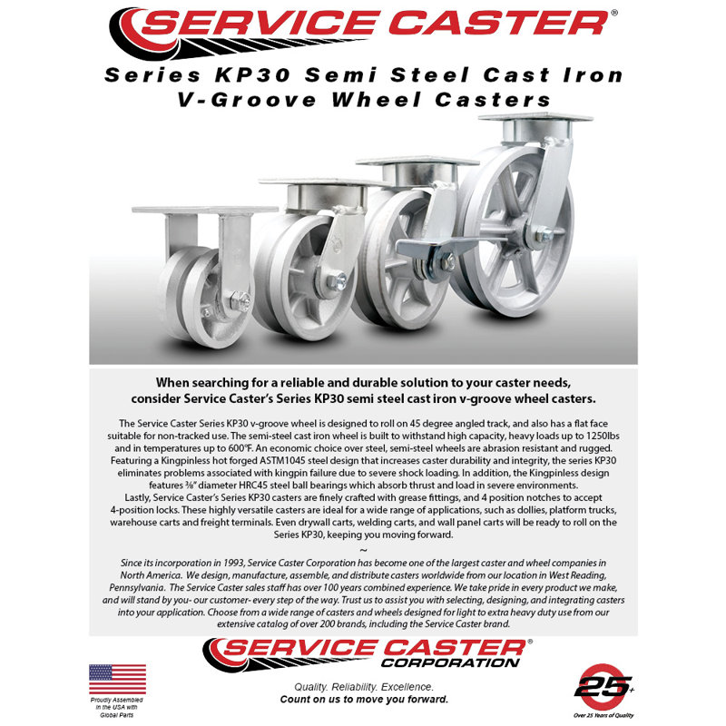 4 Inch Kingpinless V Groove Semi Steel Caster Set 2 Brake & Swivel Locks 2 Rigid