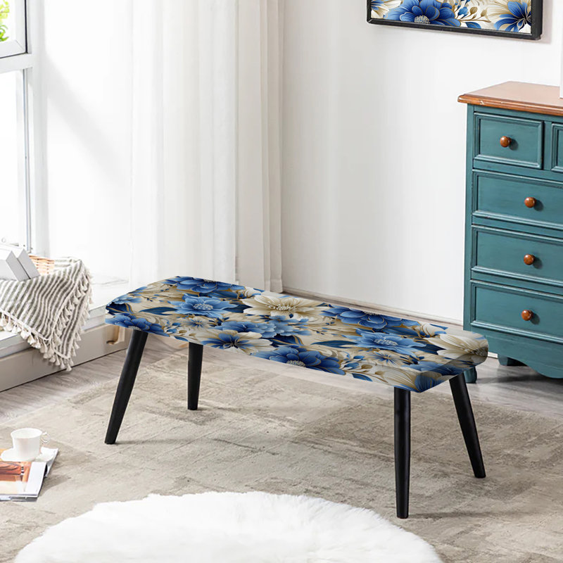 Banc rembourré noir, Retraite de fleurs bleues et blanches II - Floral